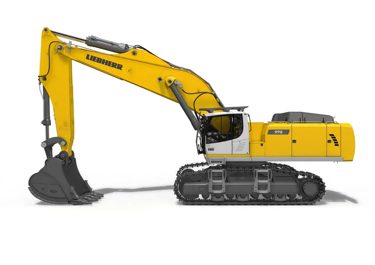 Pelle hydraulique Liebherr R 972 Litronic sur chenilles — vue de profil, godet retro